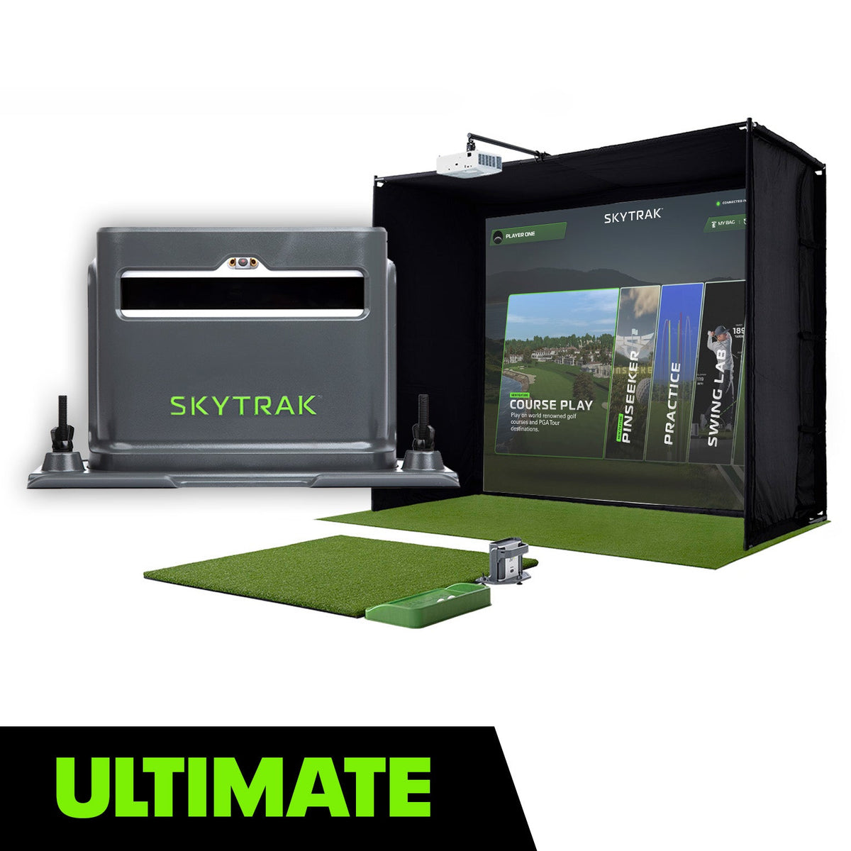 SKYTRAK golf sim studio with screen, mat , launch monitor in a protective case on a white background